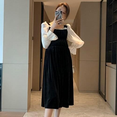 708# 2021 Spring Korean Fashion Maternity Long Party Dress Elegant Chici Sweet A Line Slim Clothes for Pregnant Women Pregnancy