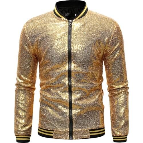 Shiny Gold Sequin Jacket Men DJ Nightclub Stage Sequins Baseball Bomber Jacket Mens Hip Hop Streetwear Casual Jackets and Coats