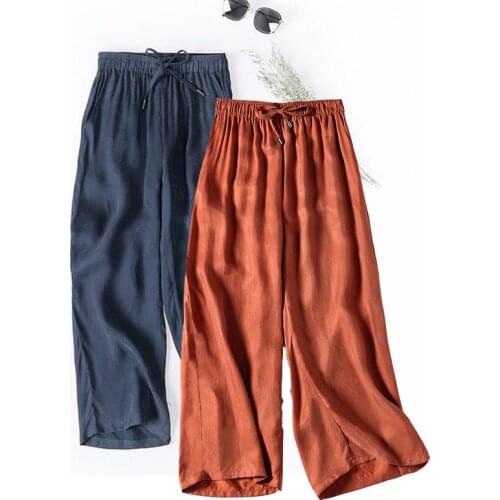 Cupro draped wide-leg pants womens cool summer thin cropped trousers high-waist drawstring loose straight-leg casual pants