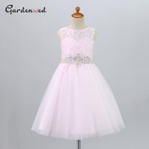 Tulle Pink Lace Scoop Kids Flower Girl Dresses Tulle Skirt First Communion Dress Pearls Sashes Little Bride Dresses