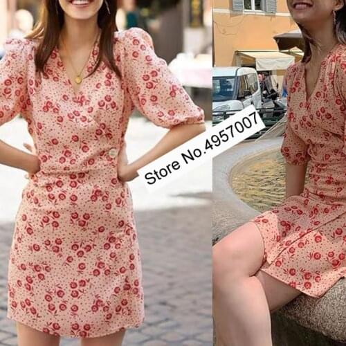 Elfbop Laides Viscose 100% Floral Printed One Piece Wrap V Neckline Short Mini Dress With Ties