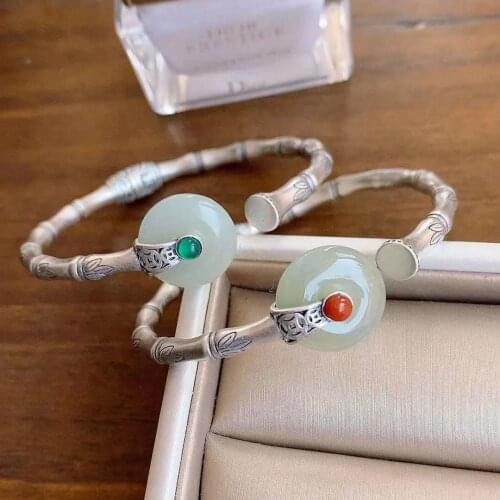 Natural Hetian white jade bamboo bracelet Chinese style retro unique designer craft charm womens brand silver jewelry