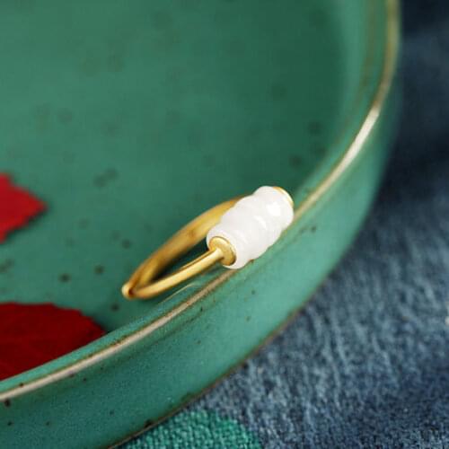 Natural Hetian Jade as Right as Rain Ring S925 Sterling Silver White Jade Lucky Beads Ring Open Jade Ring Ornament for Women