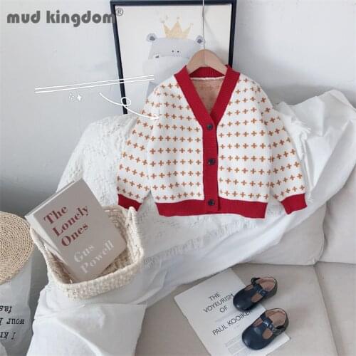 Mudkingdom Girl Cardigan Sweater V-neck Long Sleeve Single Breasted Print Casual Outerwear for Kids Spring Autumn Tops Clothes