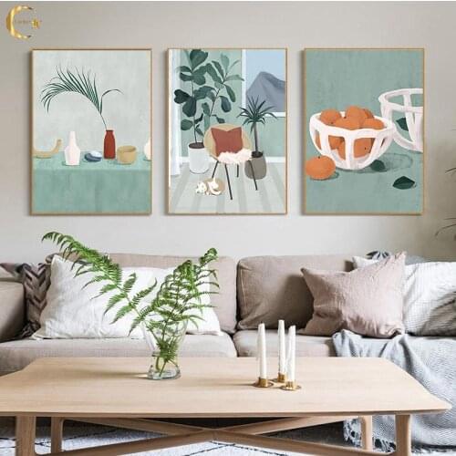 Nordic Green Plants Canvas Painting Scandinavian Posters Prints Vintage Girl Wall Art Pictures for Living Room Kitchen Decor