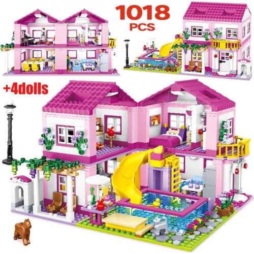 1 Change 3 City Summer Double-storey House Architecture Building Blocks Friends Pool Party Bricks Figures Toys for Children