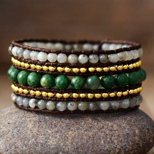 Beaded Handmade Multi Row Leather Wrap Bracelet Vintage Natural Stones Weaving Wristband Cuff Bangle Bracelet Bohemian Jewelry