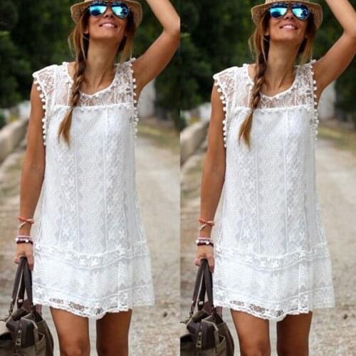 Summer Lace Patchwork Mini Dress Woman Casual Solid Straight Sleeveless Dresses Women 2021 Sexy White Slim Hollow Out Robe Femme