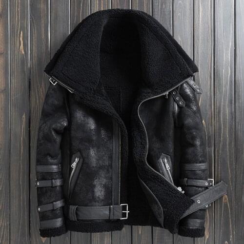 New Winter Thicker Fur One Genuine Leather Coat Mens Double Collar Sheepskin Leather Jacket Locomotive Fur Male Air Force Suit