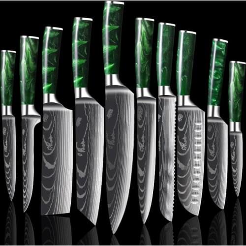 10 Pcs Kitchen Knife Slicing Knife Damascus Resin Handle Chefs Knife Cutting Kitchen Knife Santoku Knife Stainless Steel Set