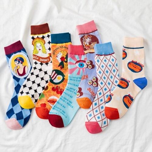 1 Pair Middle Tube Couple Sock Men Women Socks Style Creative Painting Figures food hot dog Fried egg Socks Happy Funny Socks
