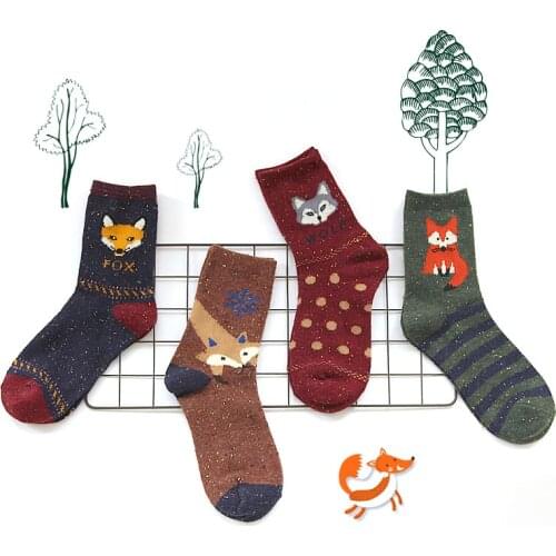1Pair/lot Lovely Fox Wolf Striped 3D Socks Spring Winter Style Creative Cute Women Cotton Socks Fox Girls Calcetines Meias