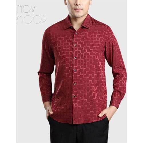 Novmoop natural silk spandex satin mens shirt jacquard plaided pattern smart casual style daily wear Chemise en soie LT3547