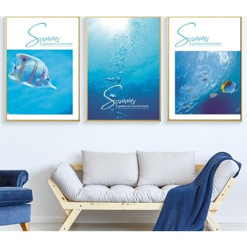Modern Blue Seabed Fish Summer Holiday Poster Canvas Print Painting Wall Art Living Room Home Decoration