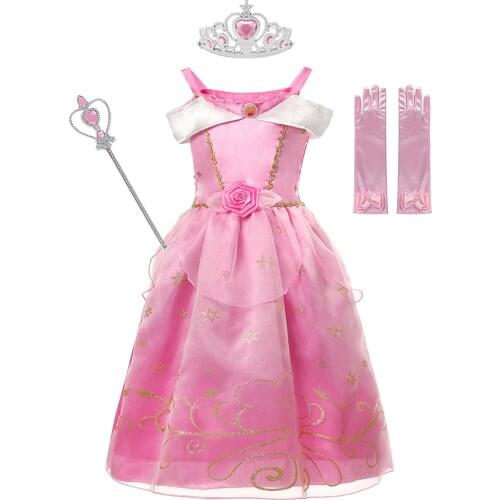 MUABABY Girls 2-8T Sleeping Beauty Cosplay Dress Summer Pink Elegant Princess Costumes Kids Gold Printing Halloween Party Suits