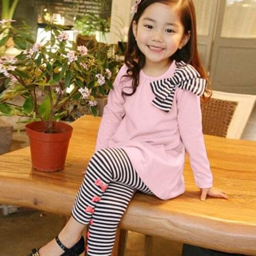 Retail and wholesle 2019 spring Toddler Girl Kids Clothes Long Sleeve Striped bow top T-shirt+Stripe Pants Outfits Set L1202