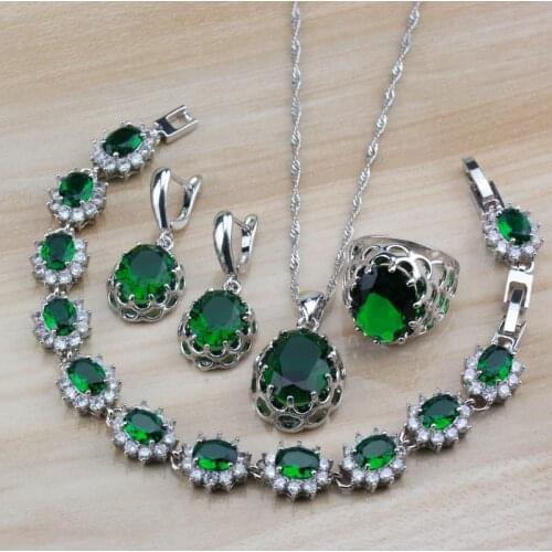 Silver Color With Natural Stones CZ Green Jewelry Sets For Women Tredny Costume Dangle Earrings/Necklace/Bracelet And Ring Sets