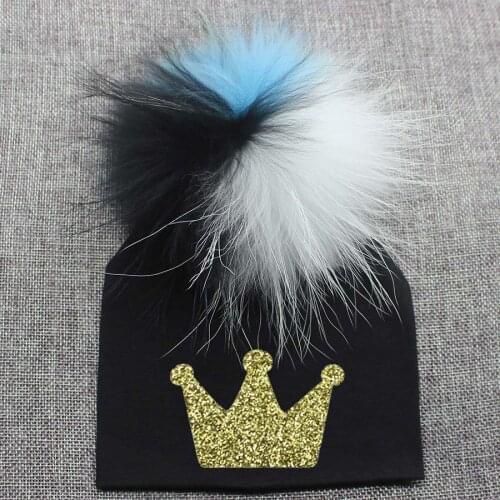 Newborn To 2T Kids Crown Baby Hats Boys Girls Cap Warm Cotton Beanie Hat Real Fur Pom Pom Bobble Hat Spring Autumn Enfant Hats