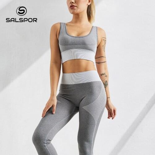 SALSPOR Gym 2 Pcs Women Strentchy Tracksuit Push Up Bra Women Slim Highwaist Leggings Women Sets Female Seamless Workout Sets
