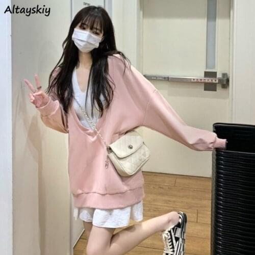 Sweatshirts Women Long Sleeve Chic Preppy V-neck Girls Clothing Fall All-match Simple Harajuku Sweet Teens Outerwear Popular Ins