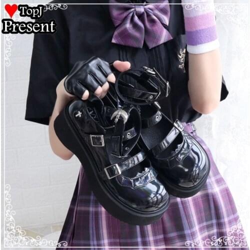 Women Pursuit girl lolita shoes womens muffin thick bottom bad JK uniform laser Shoes Dark punk cross Mary Jane platform shoes