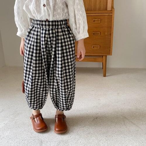 Spring girls loose ankle-length plaid trousers children unisex cotton casual wide leg pants