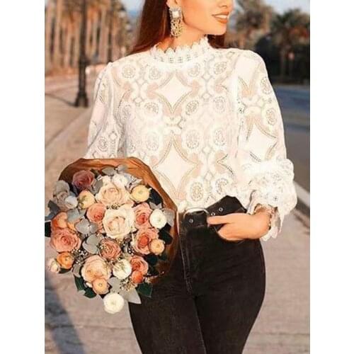 Summer New Women Cut Out Translucent Horn Long Sleeve Slim Elegant Shirts Sexy White Lace Blouses and Tops