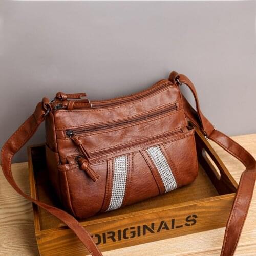 Womens messenger bag new style shoulder bag multi-layer large-capacity diamond-studded soft leather outing bag