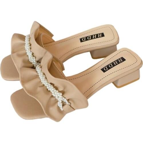 YSHUNIJ 2021 Summer New Fairy Style Pearl Wear Beach Net Red Ins Flip Flop Mid Heel Sandal Girl Shoes for Women