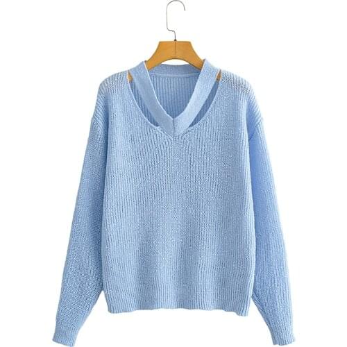 MESTTRAF Women 2021 Fashion Solid V-Neck Cutout Knitted Sweater Vintage Long Sleeve Loose Pullovers Streetwear