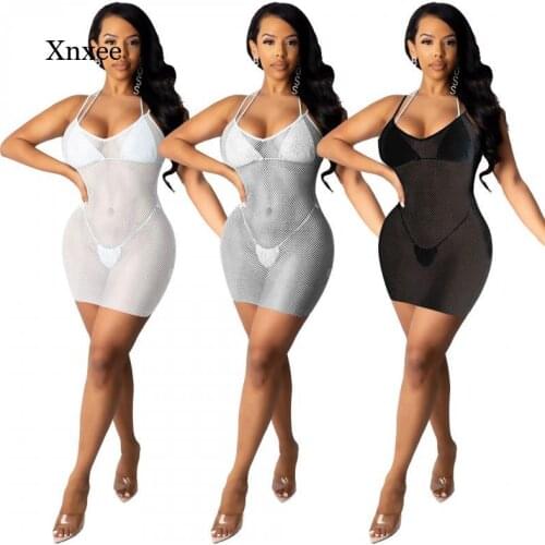 Black Mesh Hollow Out Mini Dress Transparent White Summer for Women Spaghetti Strap Dress Gray Backless Skinny Beach Bodycon
