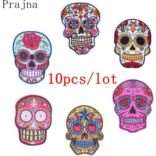 Prajna 10PCS Sugar Skull Patch Rock Bands Biker Iron On Patches Pack Sewing Cheap Embroidered Patches For Clothing Wholesale NEW