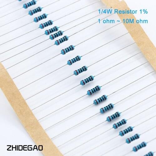 100pcs 1/4W 1R~22M 1% Metal film resistor 100R 220R 1K 1.5K 2.2K 4.7K 10K 22K 47K 100K 220 1K5 2K2 4K7 ohm resistance Brand New