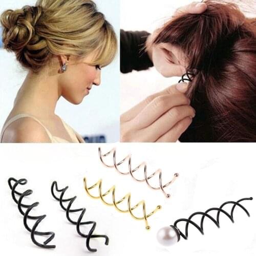 2Pcs New Hair Accessories Women Spiral Spin Screw Bobby Pin Pearl Hair Clip Ladies Twist Barrette Black/Gold
