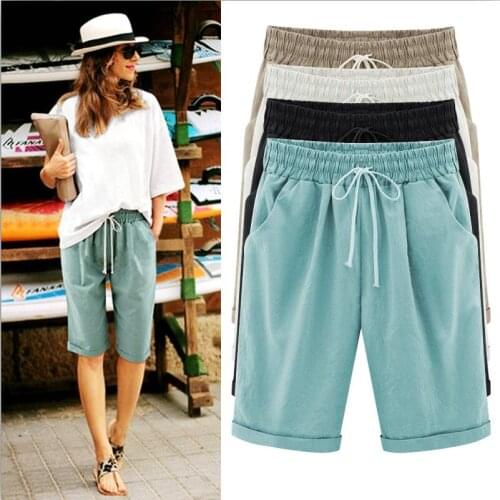 2020 Fashion Casual Linen Trousers Women Knee Length Pantalon Femme Plus Size Brand Pants M-5XL 6XL 7XL Black,bule,green,red