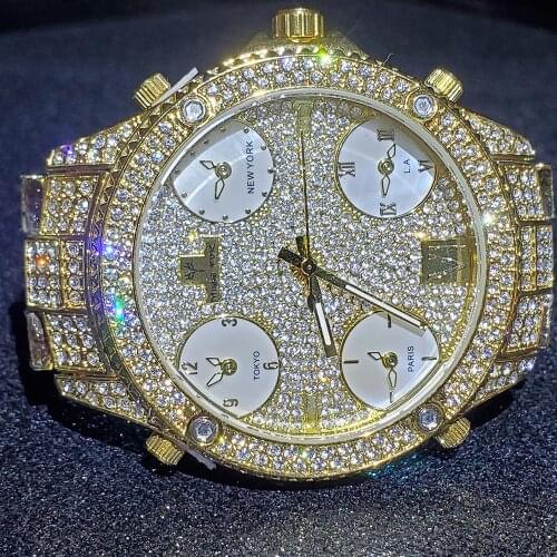 Hip Hop MISSFOX Iced Out Men Watches Multiple Time Zone Stainless Steel Diamond Brand Luxury Luminous Quartz Boss Wristwatches