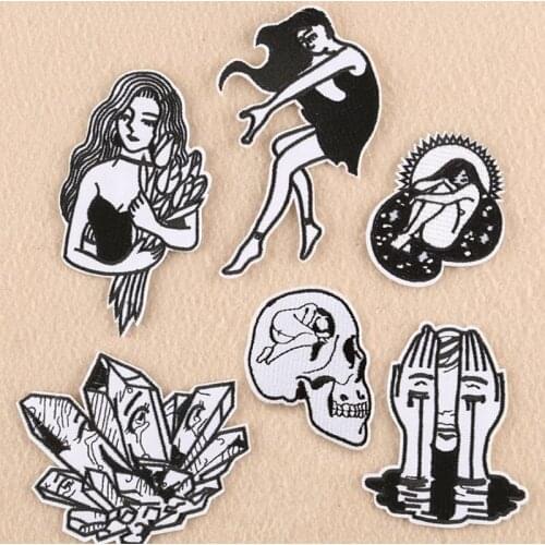 Black And Whithe Cool Girl Punk Rock Embroidered Patches For Clothing Skull Stripes Biker Style Iron On Patch Custom Appliques