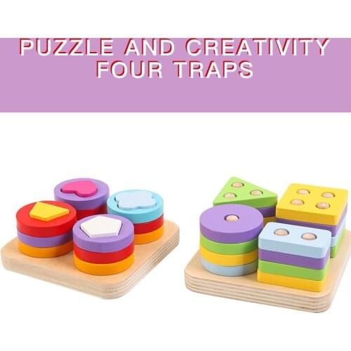 Childrens Wooden Montessori Teaching Aids, Four Sets Of Column Geometric Shapes, Cognitive Matching Building Blocks Toys