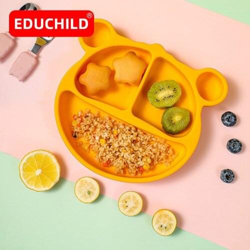 Educhild Baby Safe Silicone Plate Children Cute Cartoon Solid Sucker Dishes Infant Feeding Training Tableware Kids Feeding Bowls
