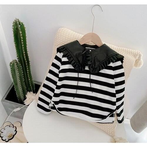 2020 Autumn Girl Kids Fashion Tshirt Korean Style Striped Lace Shawl Collar Girl Tshirt for Baby Children 2-6 Y Toddler Clothes