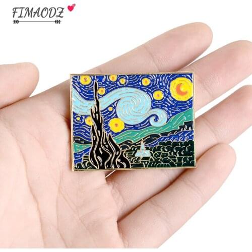 FIMAODZ Van Gogh Starry Night Enamel Pin Classic Art Oil Painting Badge Collection Denim Clothes Brooch