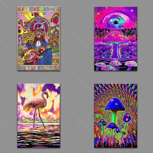 /Trippy Poster/Hippie Room Decor/ Psychedelic Mushroom Wall Art Psychedelic Flamingo Art Poster/ Trippy Flamingo Prints Canvas