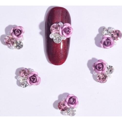 JE370-378 10pcs Fancy Metal Charms Rhinestone 9 Colors Flower Charms Luxury Nail Art Rose Jewel with Pearl and Crystal Nails 3d