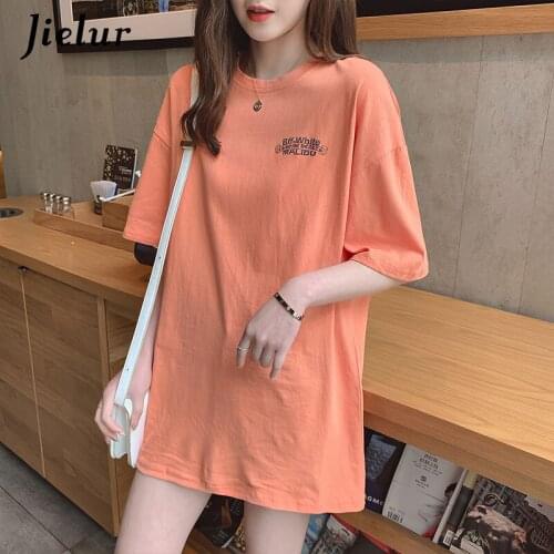 Jielur 2021 Summer Short Sleeve Tee Shirt Women Basic Fashion Letter Print T-shirt O-Neck Orange Red White Yellow T-shirts Tops