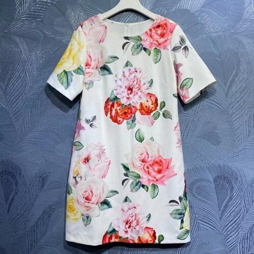 Fashion Designer Dress Women 2021 Beading Rose Flowers Printed White Black Elegant Short Sleeve Dresses