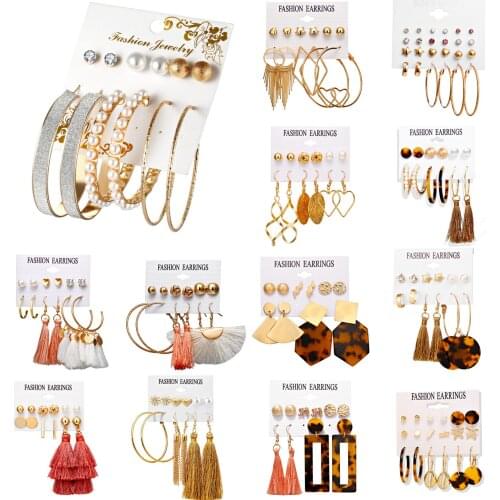 New 6 Pairs/set Vintage Dangle Big Circle Hoop Earrings Women Steampunk Ear Clip Women Earring Set Party Jewelry