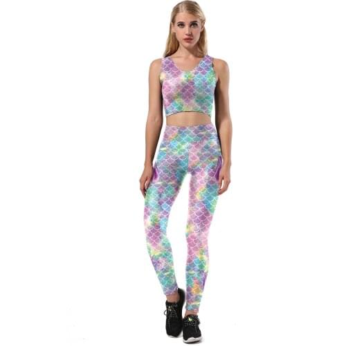 New Sexy Mermaid 3D Prints Elastic Fitness Gym Sport Workout Leggings Tanks Camis Tops Yoga Pants Two Piece Sets For Women Girls