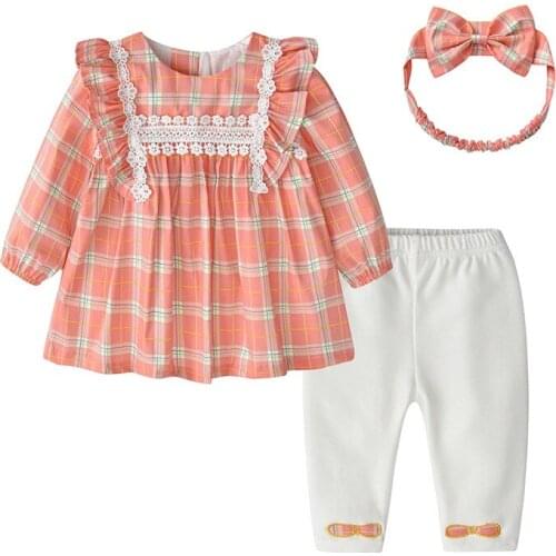 0-3Y Newborn Kids Clothes Sets Autumn Long Sleeve Plaid Dress+Leggings+Hairband 3Pcs/set suit Baby Clothing set