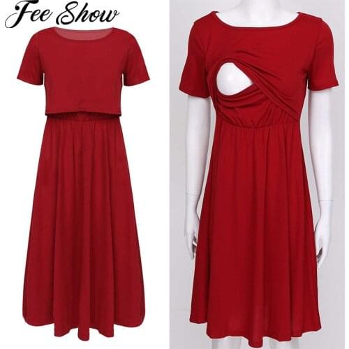 Maternity Casual Nursing Clothes Breastfeeding Dresses for Pregnant Women Loose Stripe Summer Short Sleeve Maternity Long Dress