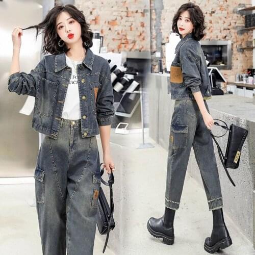 Pullover jeans womens wear spring and autumn jeans jacket radish pants two piece fashion casual jeans suit